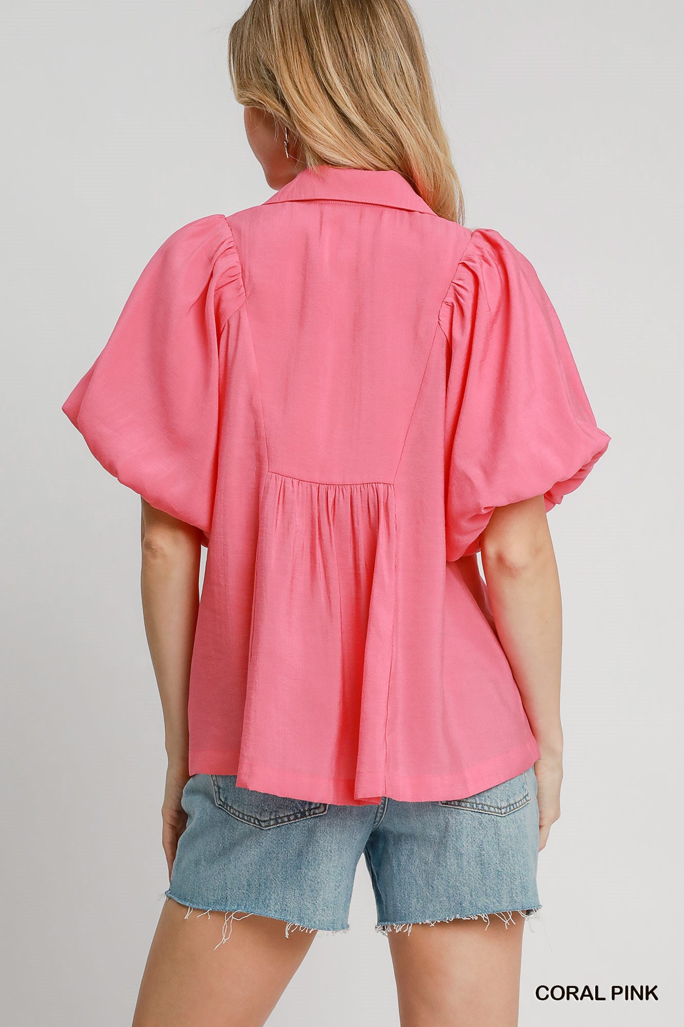 SMOCKED PUFF SLEEVE CORAL PINK TOP