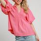 SMOCKED PUFF SLEEVE CORAL PINK TOP