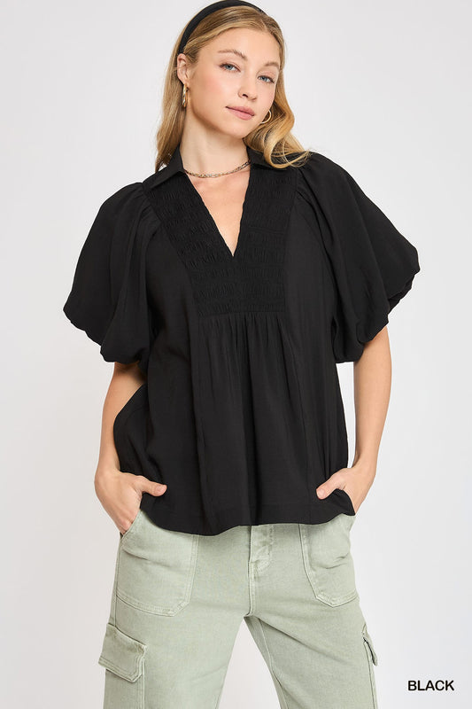 SMOCKED PUFF SLEEVE TOP