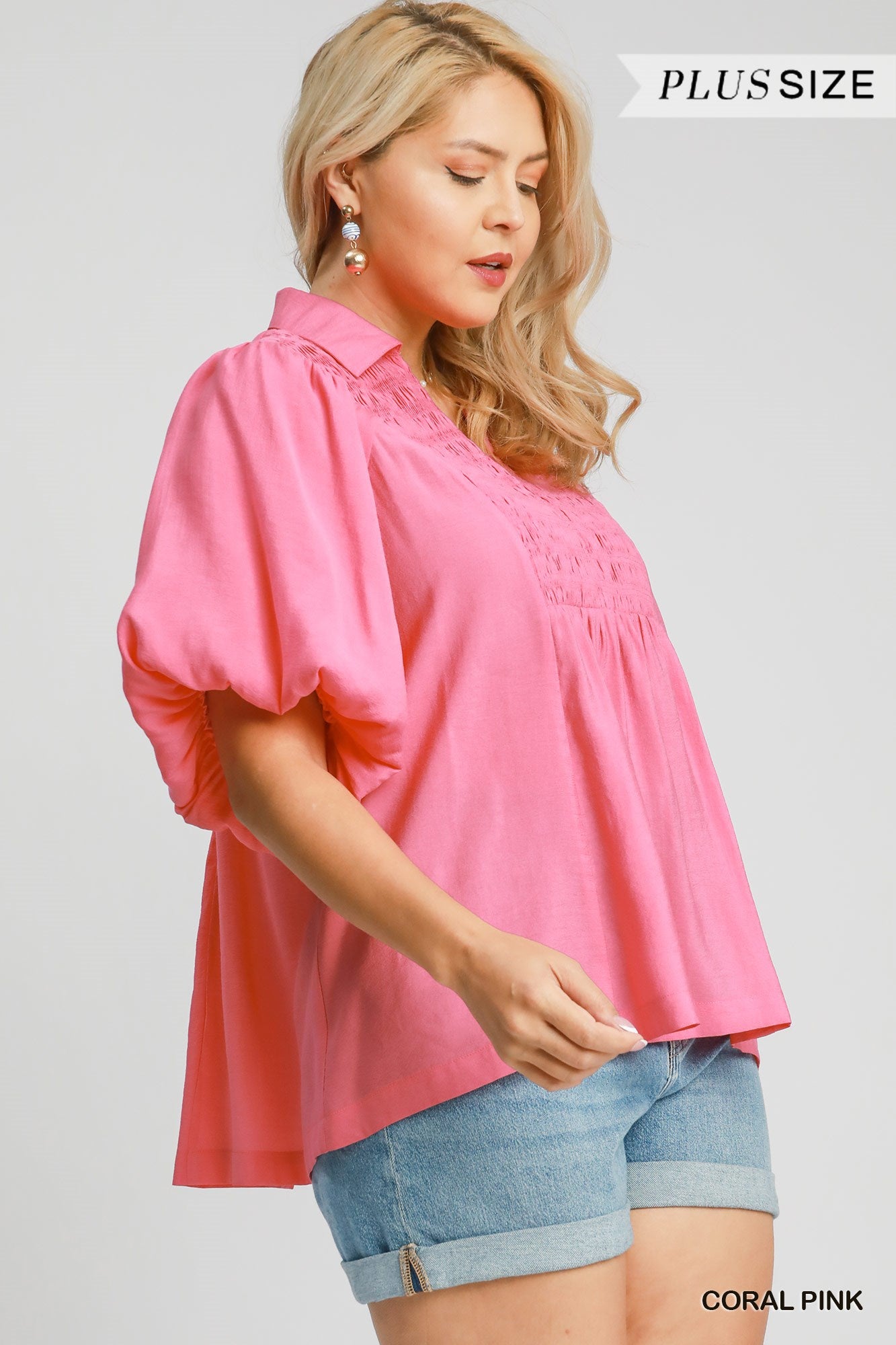 SMOCKED PUFF SLEEVE CORAL PINK TOP