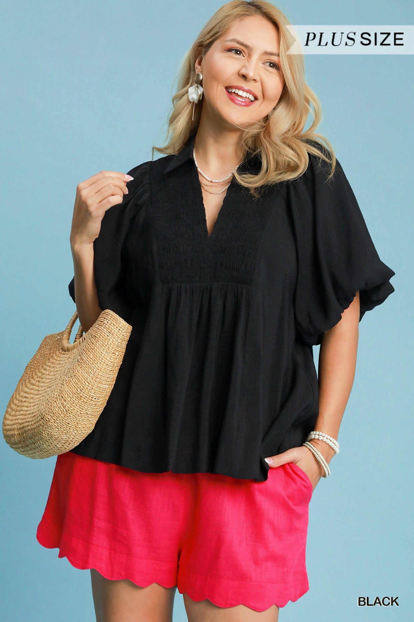 SMOCKED PUFF SLEEVE TOP