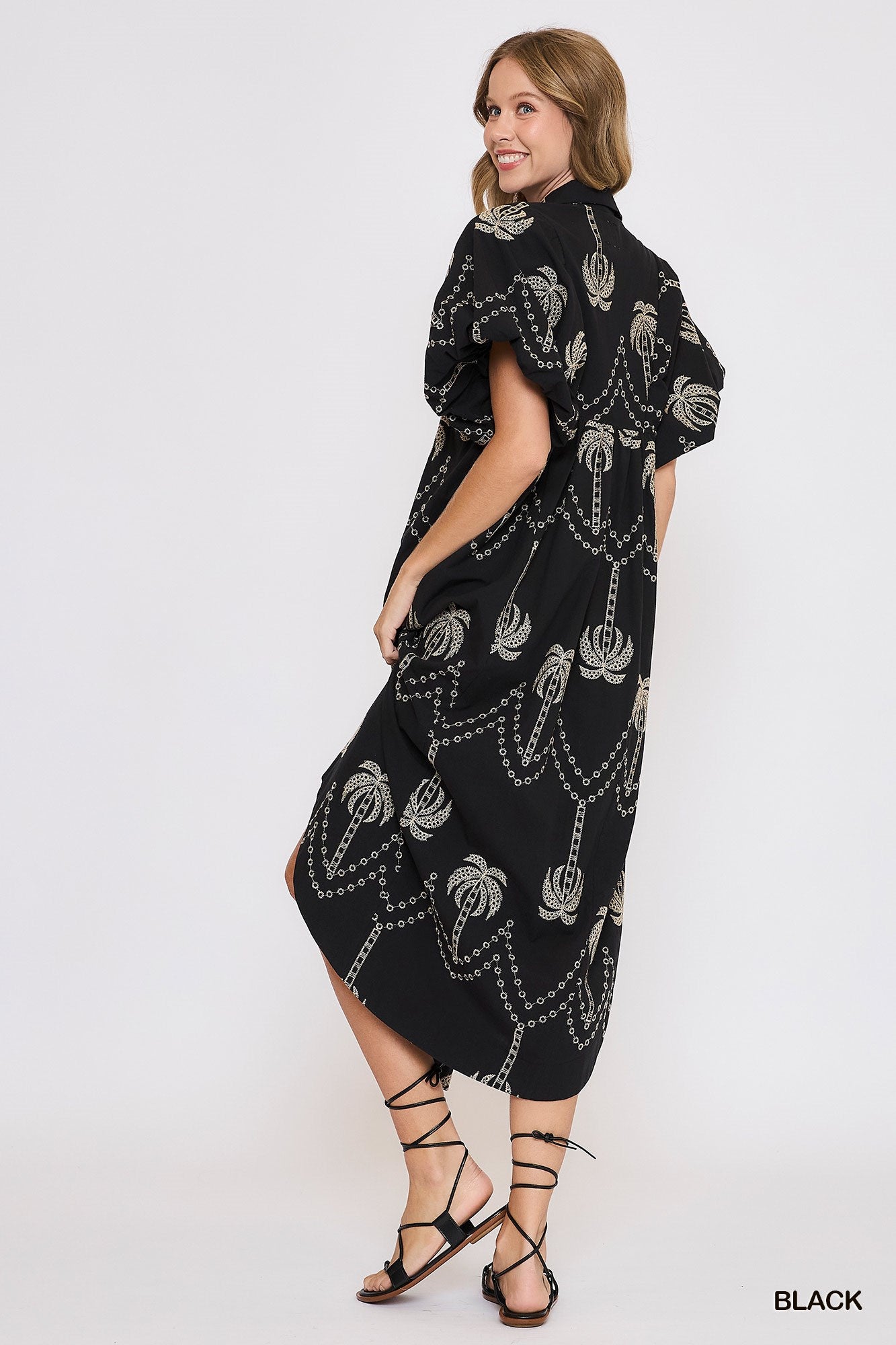EMBROIDERED PUFF MIDI DRESS