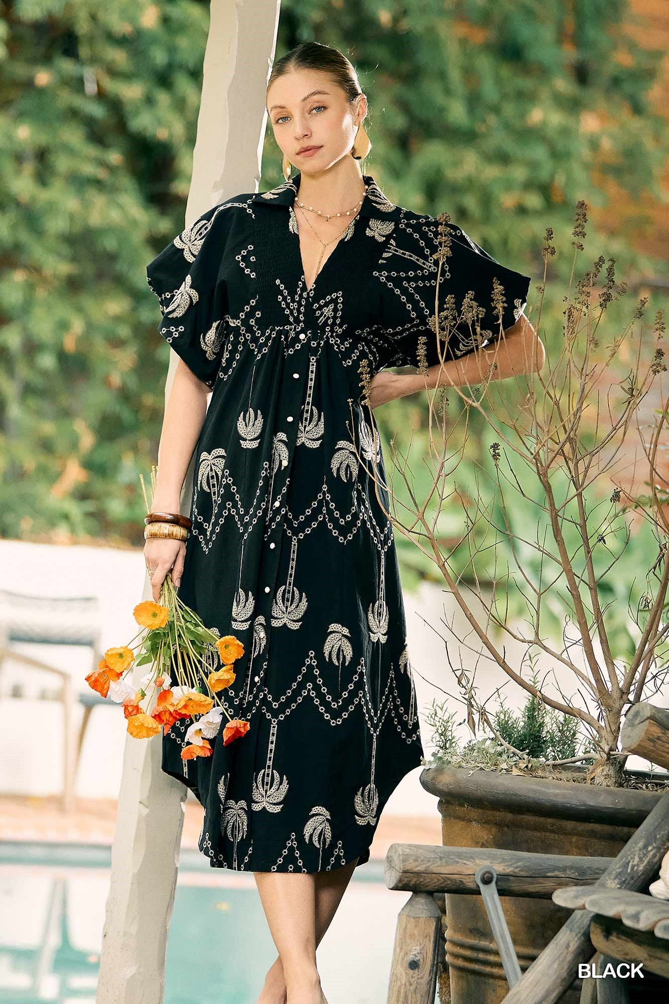 EMBROIDERED PUFF MIDI DRESS