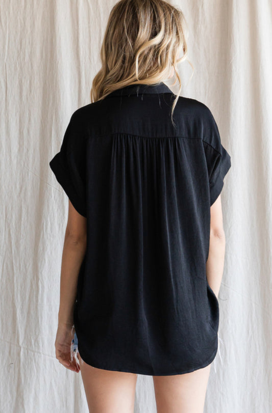 Black Silk Button Down Top