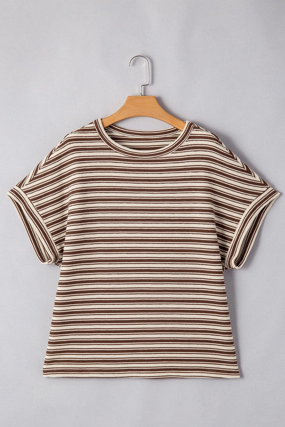 TEXTURED BROWN STRIPE CREW NECK TOP