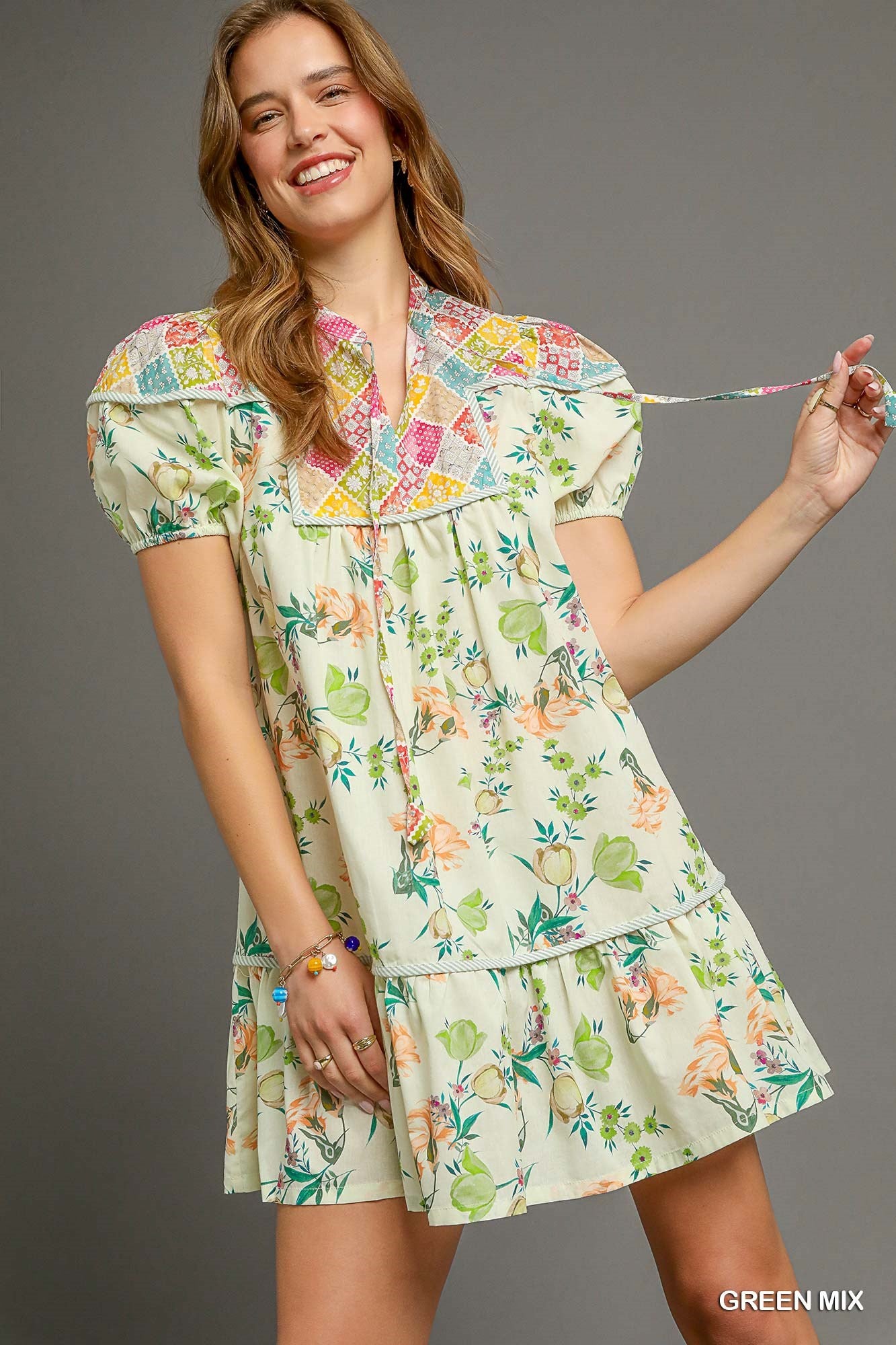 FLORAL BABY-DOLL GREEN MIX DRESS