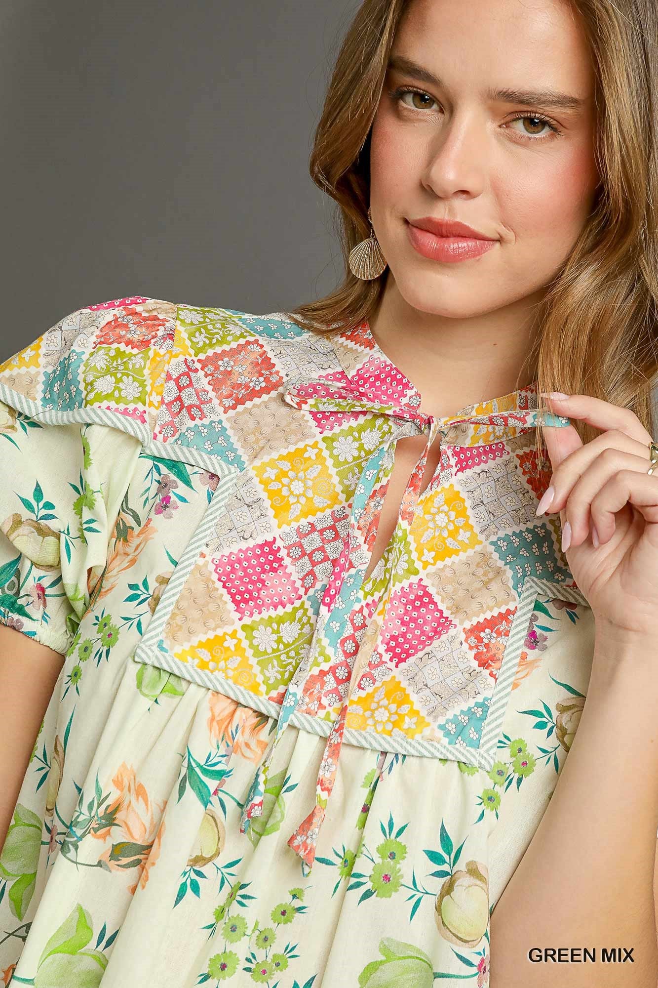 FLORAL BABY-DOLL GREEN MIX DRESS
