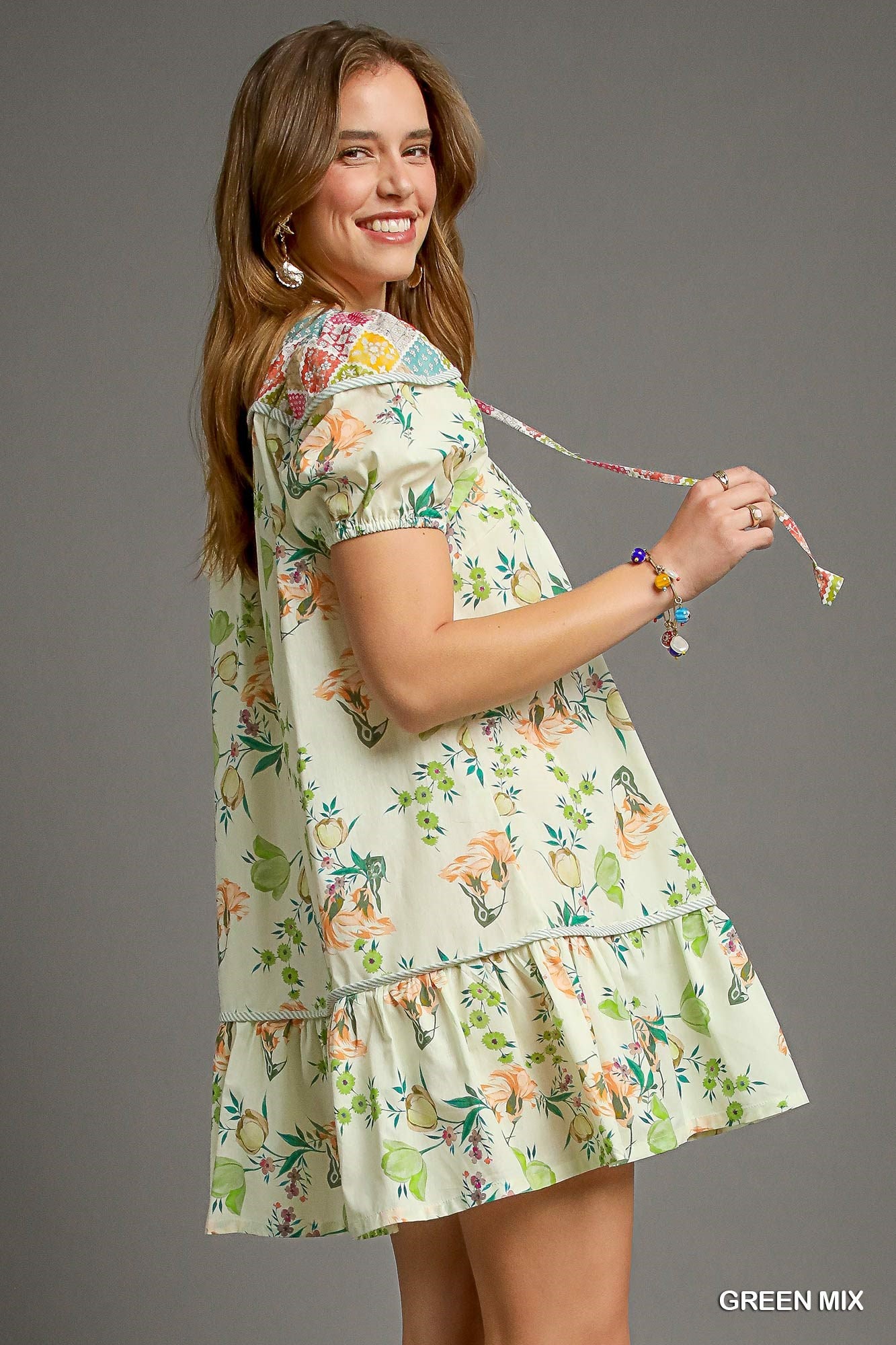 FLORAL BABY-DOLL GREEN MIX DRESS