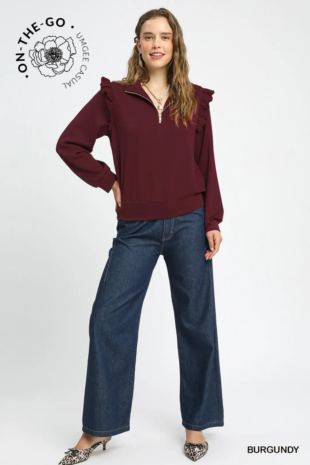 TOP RUFFLE BURGUNDY ZIP TOP