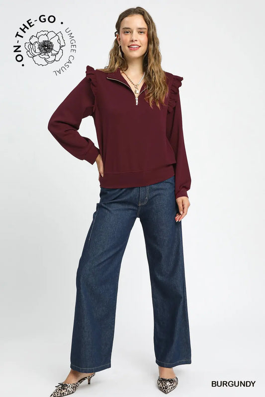 TOP RUFFLE BURGUNDY ZIP TOP