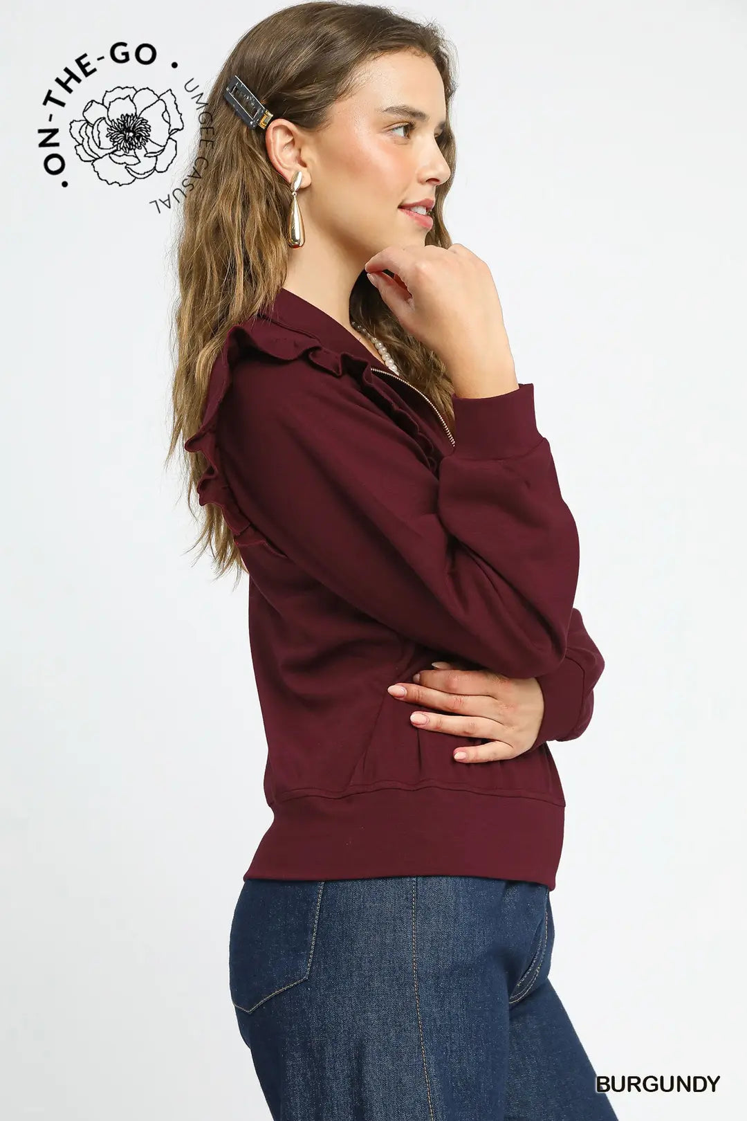 TOP RUFFLE BURGUNDY ZIP TOP