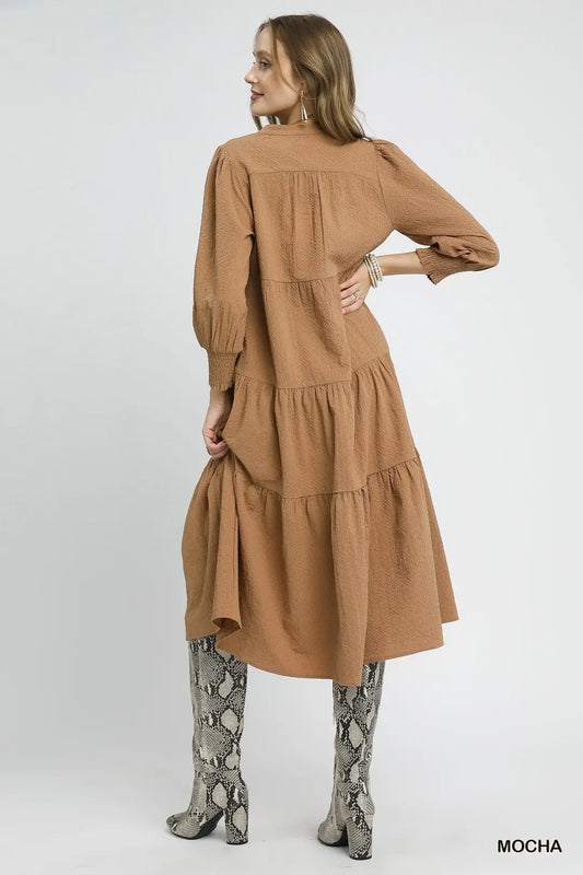 TEXTURED TIERED MIDI DRESS