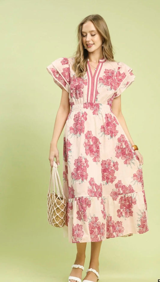 FLORAL FLUTTER PINK MIX MIDI DRESS