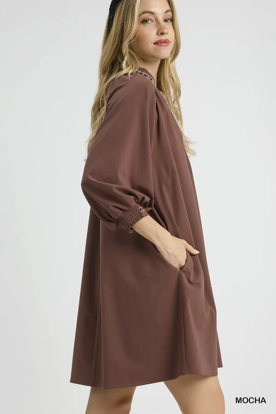 SHEER  LEOPARD TRIM SHIFT MOCHA DRESS