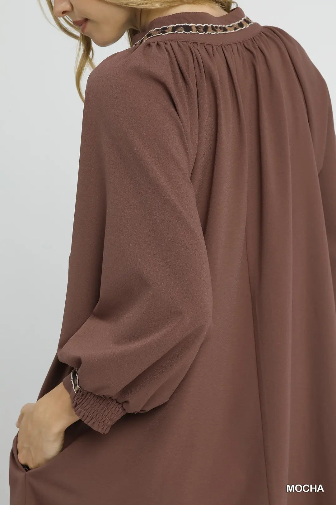 SHEER  LEOPARD TRIM SHIFT MOCHA DRESS