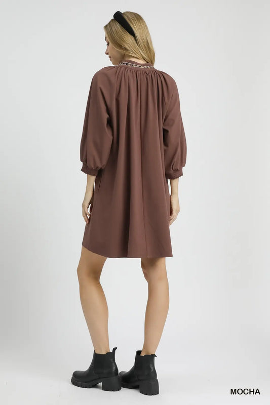 SHEER  LEOPARD TRIM SHIFT MOCHA DRESS