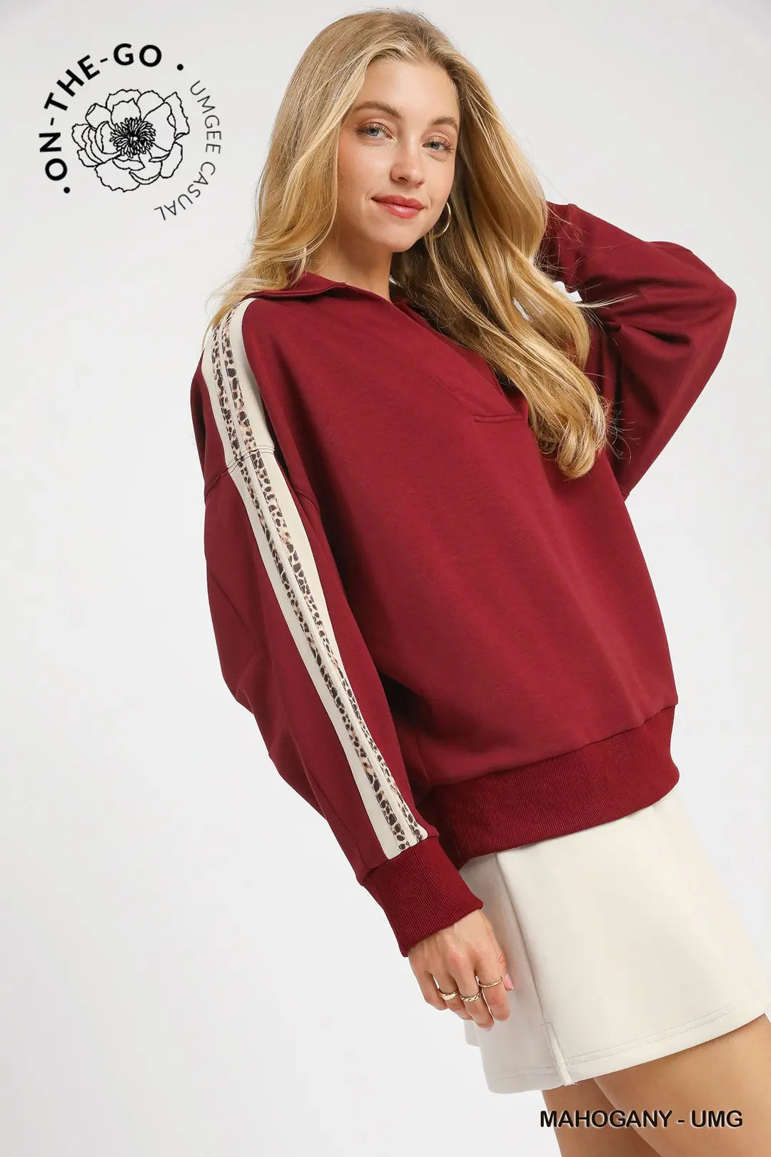 COLLARED LEOP STRIPE MAROON TOP