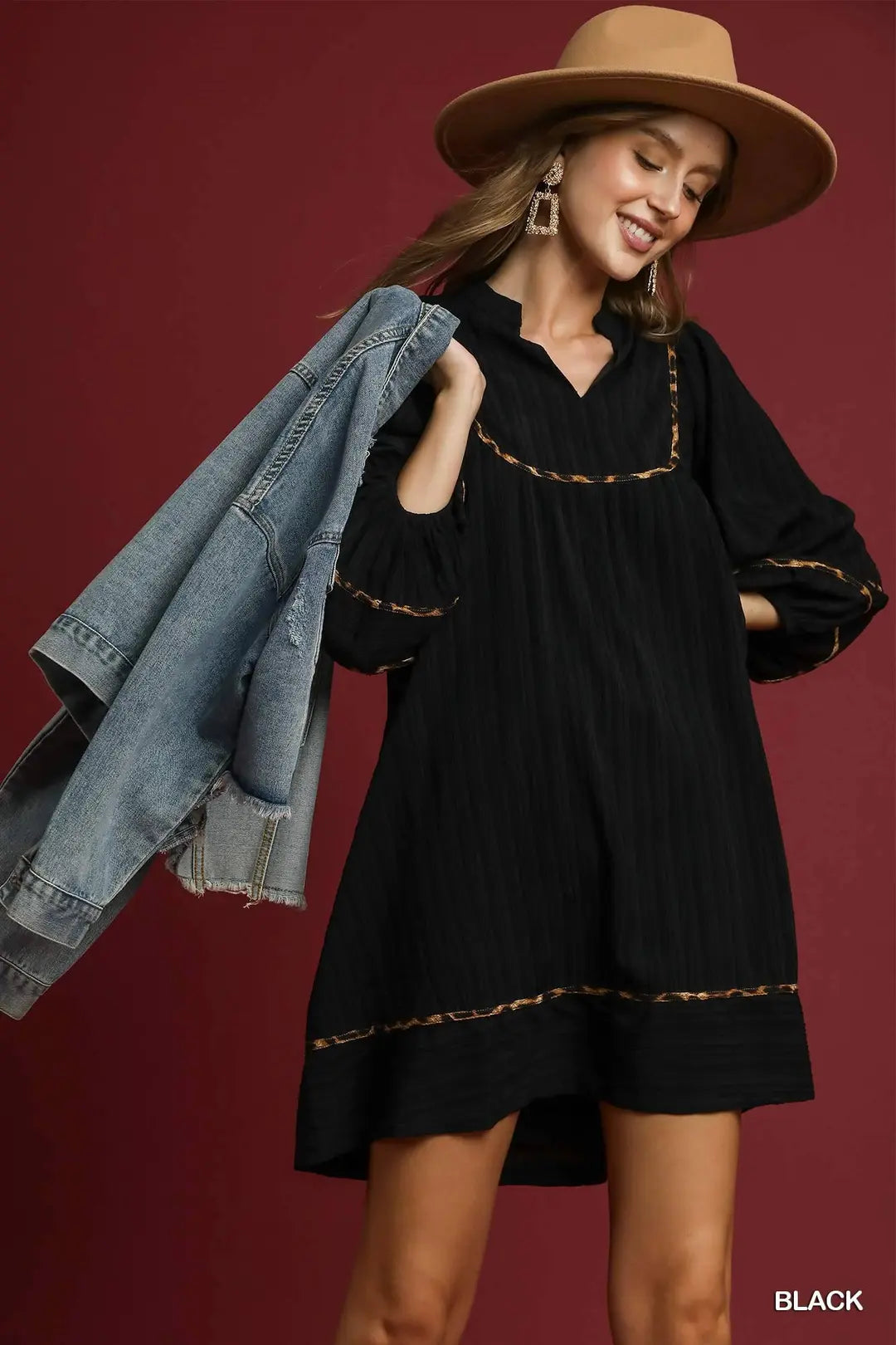 LEOPARD TRIM BABYDOLL DRESS