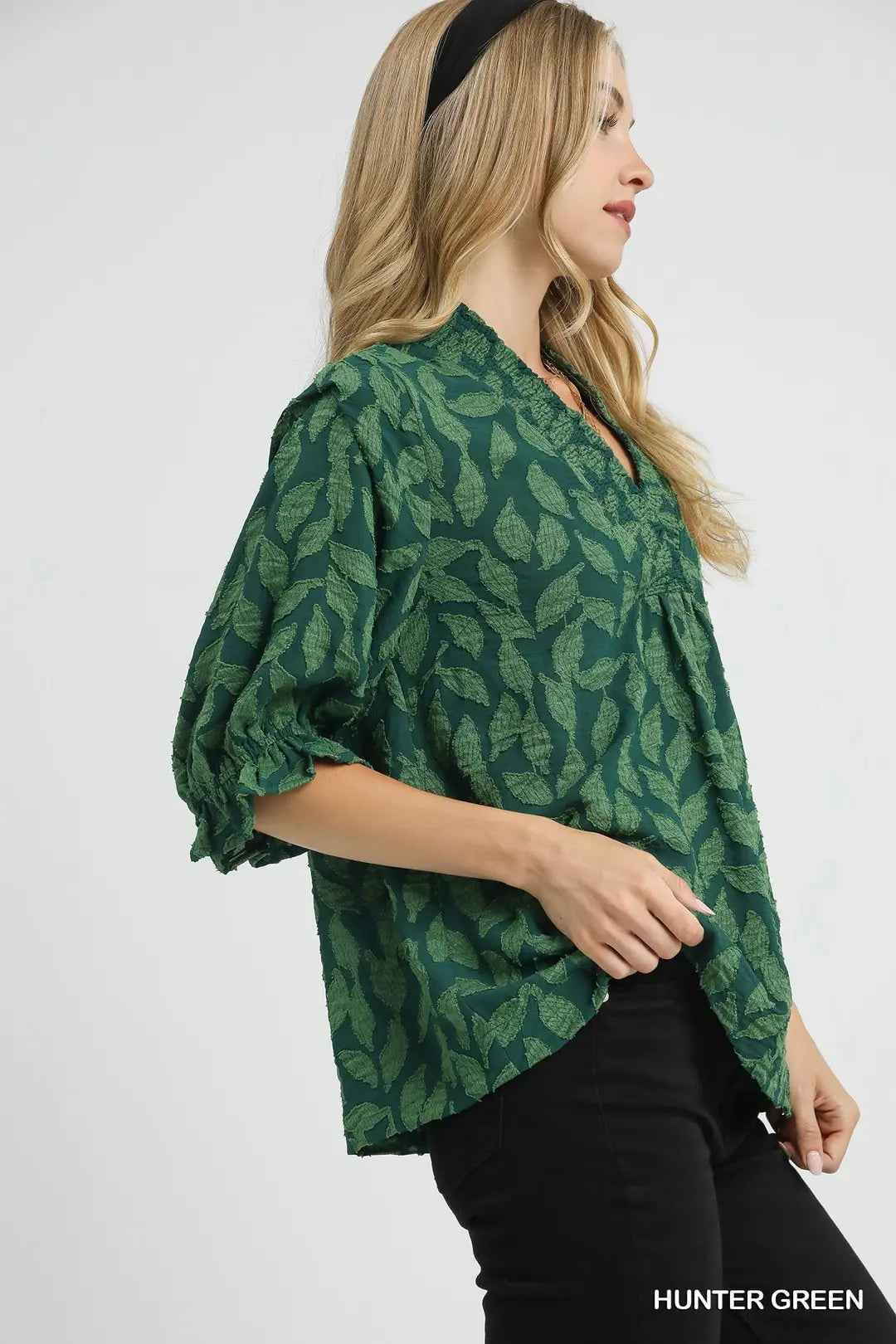 V-NECK FLORAL RUCHED GREEN TOP