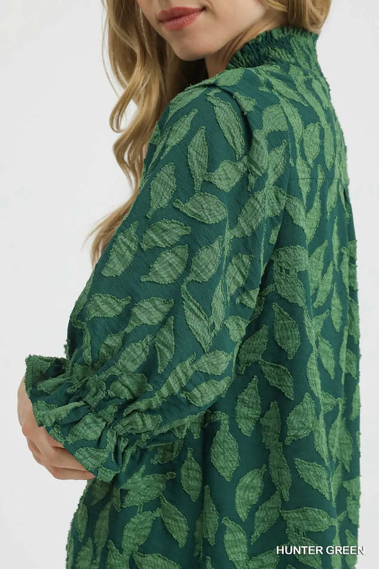 V-NECK FLORAL RUCHED GREEN TOP