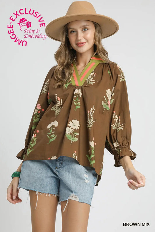 FLORAL CONTRAST TRIM BROWN MIX TOP