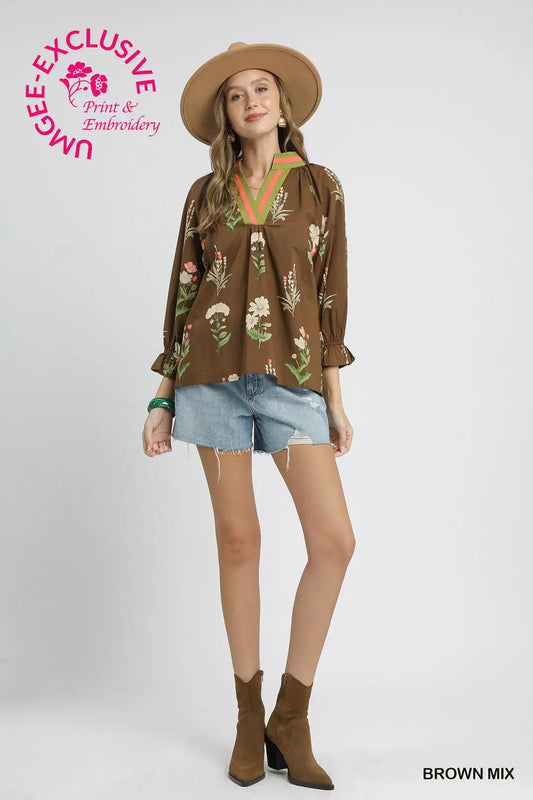 FLORAL CONTRAST TRIM BROWN MIX TOP