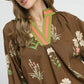 FLORAL CONTRAST TRIM BROWN MIX TOP