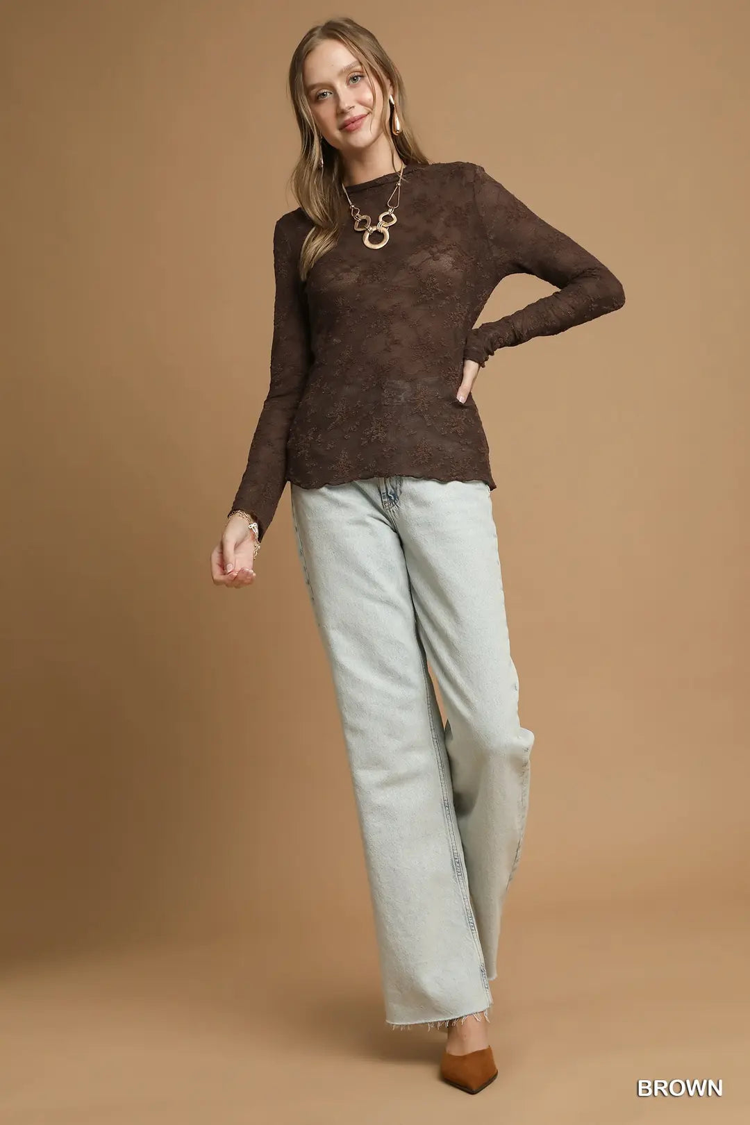 LACE SHEER BROWN LS TOP