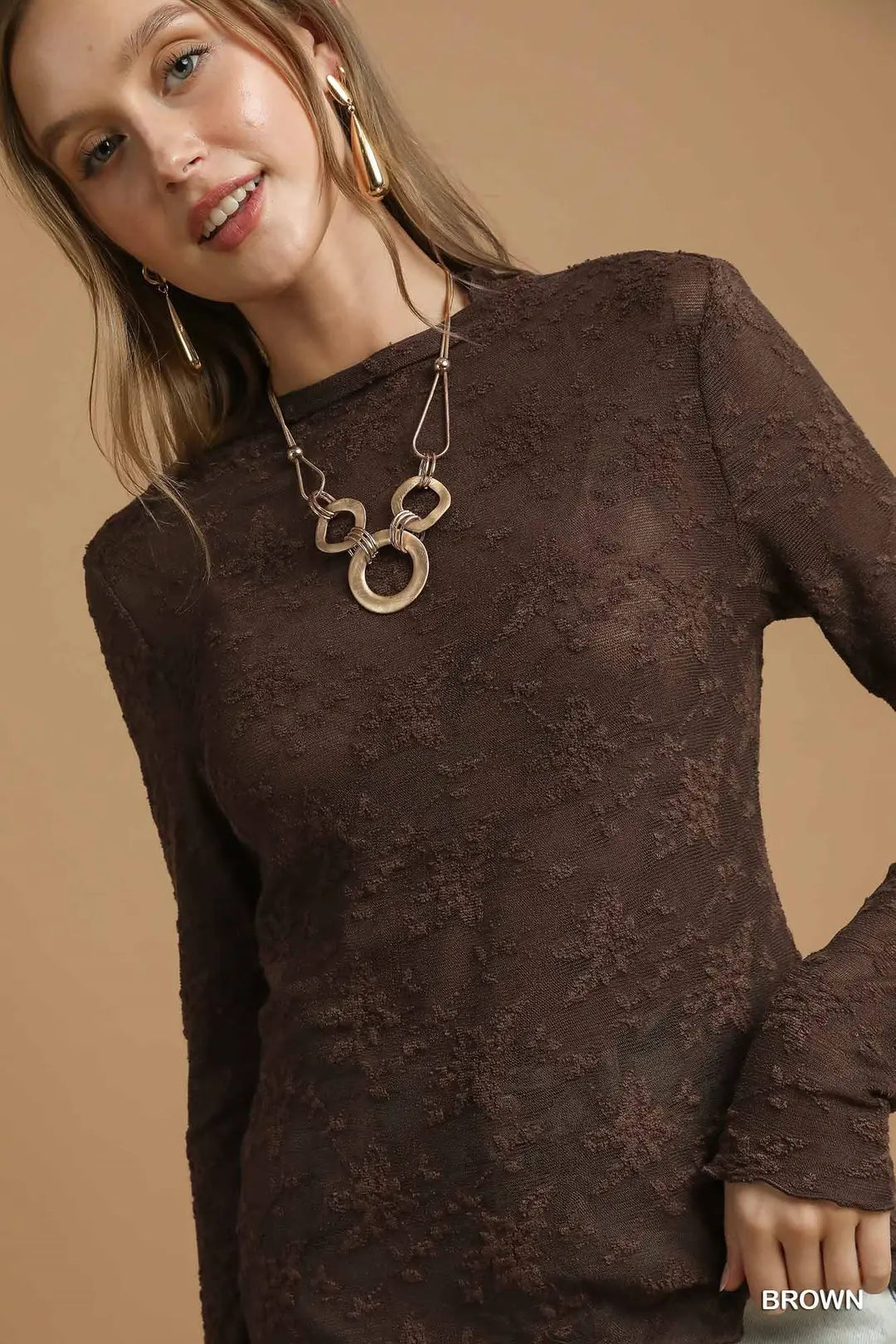 LACE SHEER BROWN LS TOP