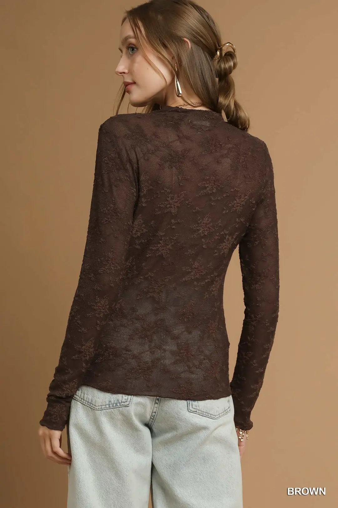 LACE SHEER BROWN LS TOP