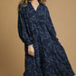 HIGH RUFFLE NECK NAVY DRESS