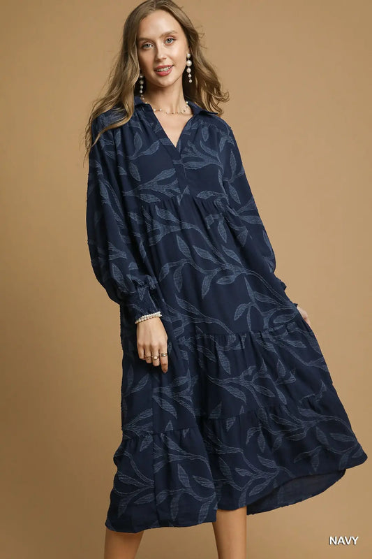 HIGH RUFFLE NECK NAVY DRESS