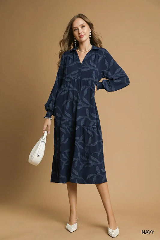 HIGH RUFFLE NECK NAVY DRESS