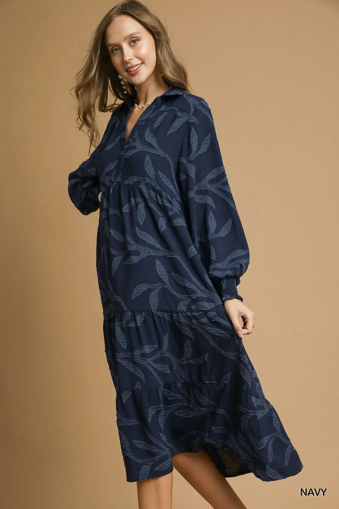 HIGH RUFFLE NECK NAVY DRESS
