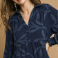HIGH RUFFLE NECK NAVY DRESS