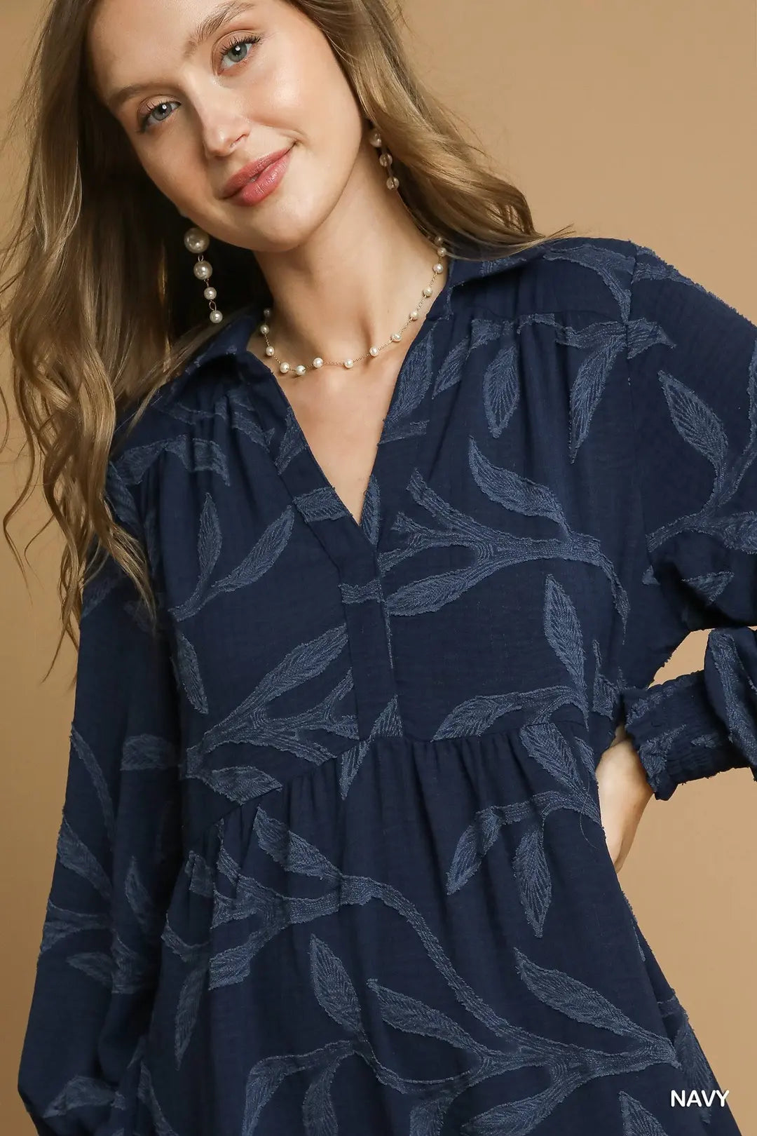 HIGH RUFFLE NECK NAVY DRESS
