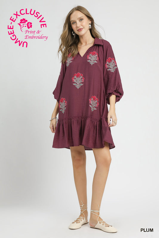 FLOWER STEM EMB PLUM DRESS