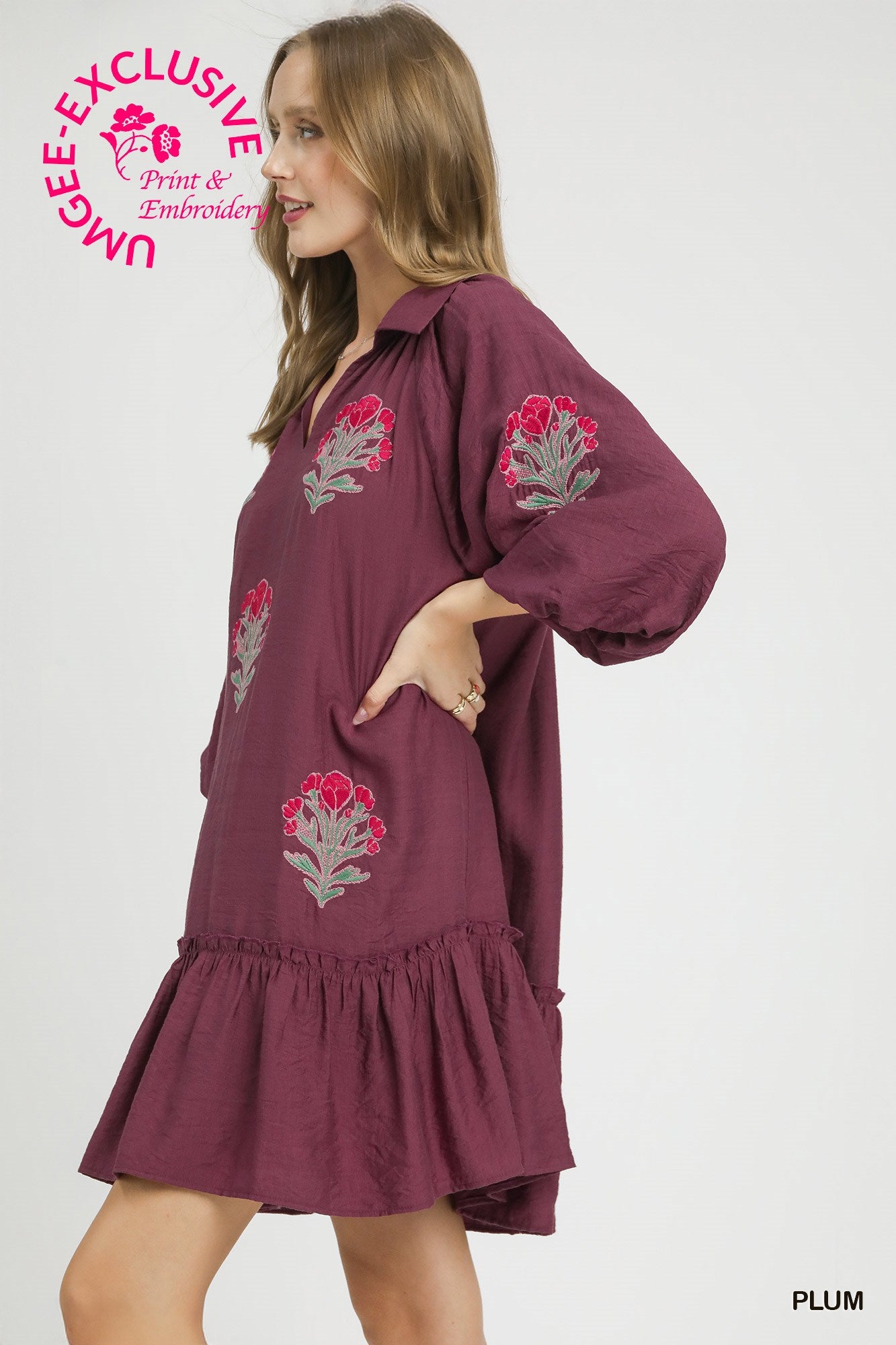 FLOWER STEM EMB PLUM DRESS
