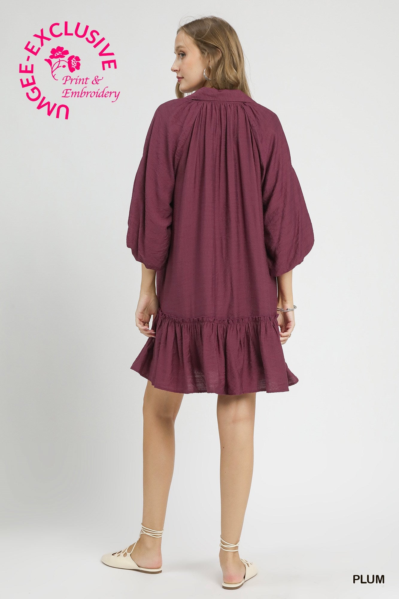 FLOWER STEM EMB PLUM DRESS