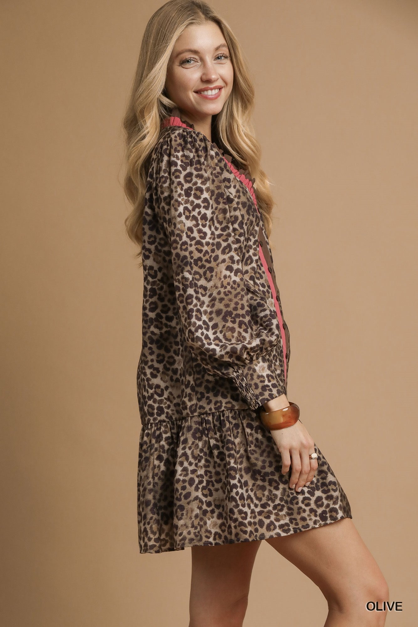 RUFFLE NECK MINI LEOPARD DRESS