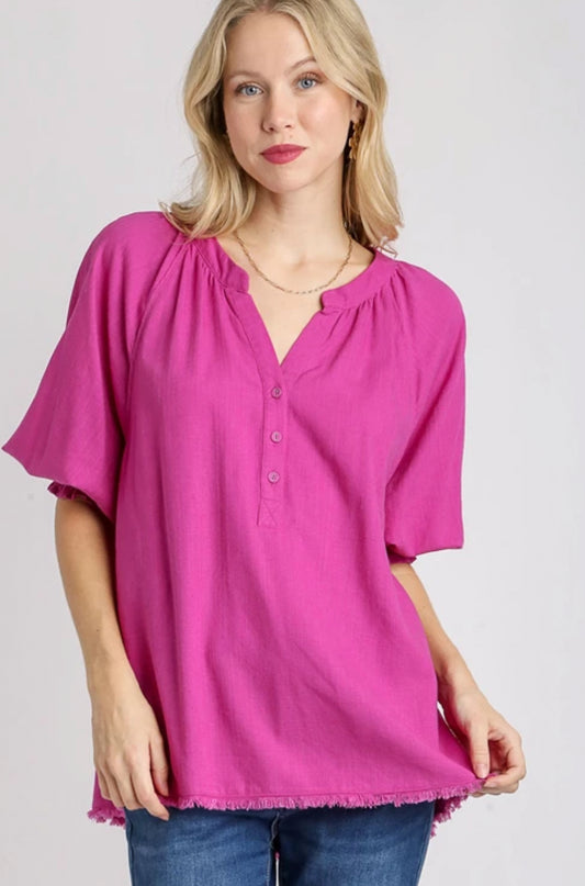 Linen VNeck Raspberry SS Top