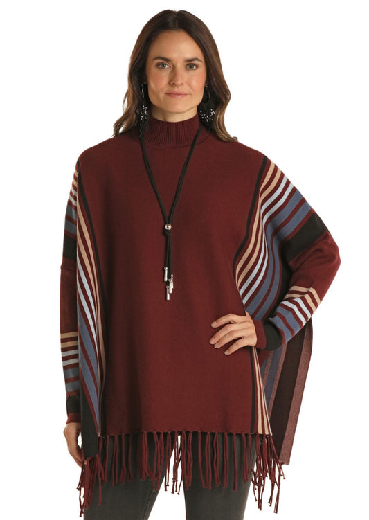 Wmns Maroon Multi LS Poncho Top