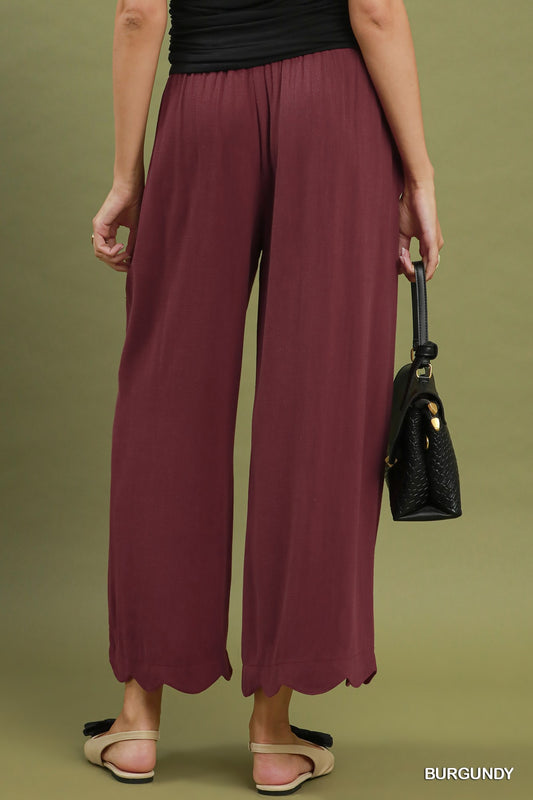SCALLOP HEM WIDE LEG BURGUNDY PANTS