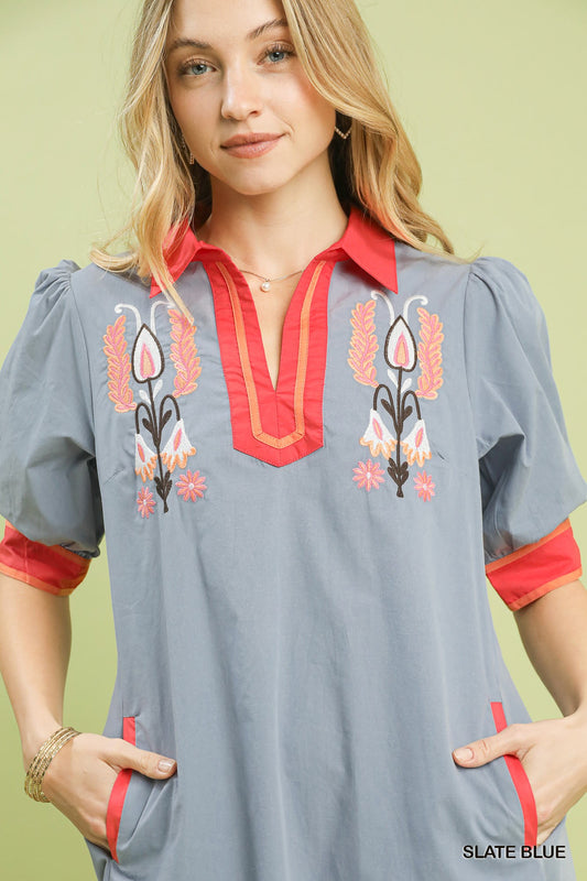 EMBROIDERED TRIM TUNIC DRESS