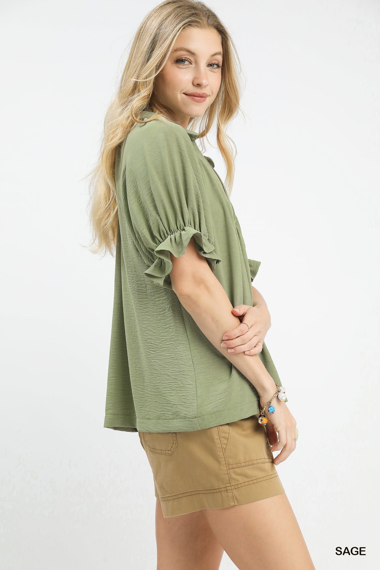 SOLID COLLAR V-NECK SAGE TOP