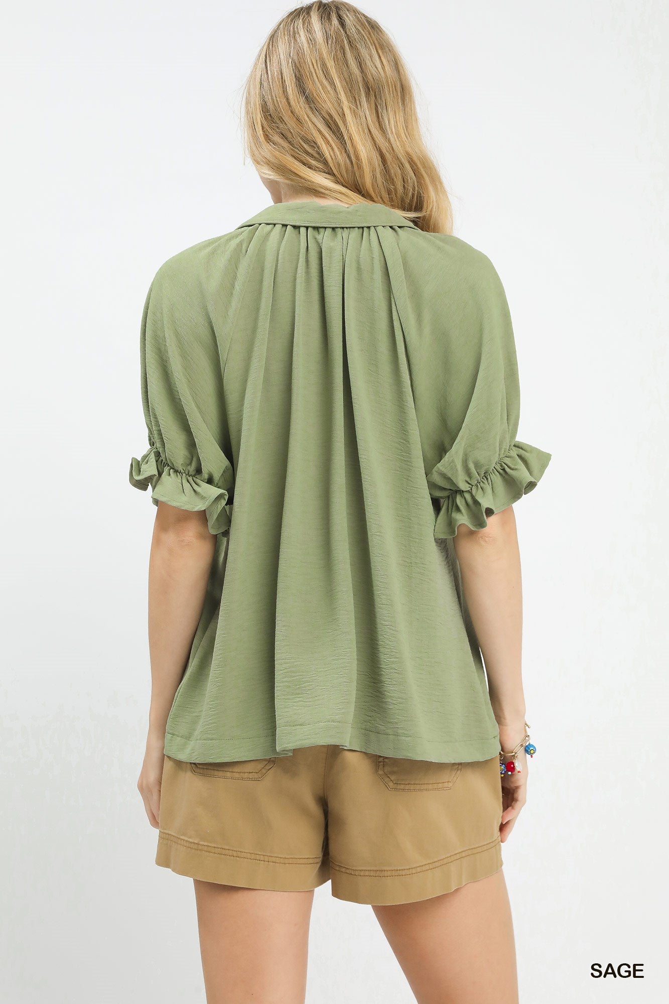 SOLID COLLAR V-NECK SAGE TOP