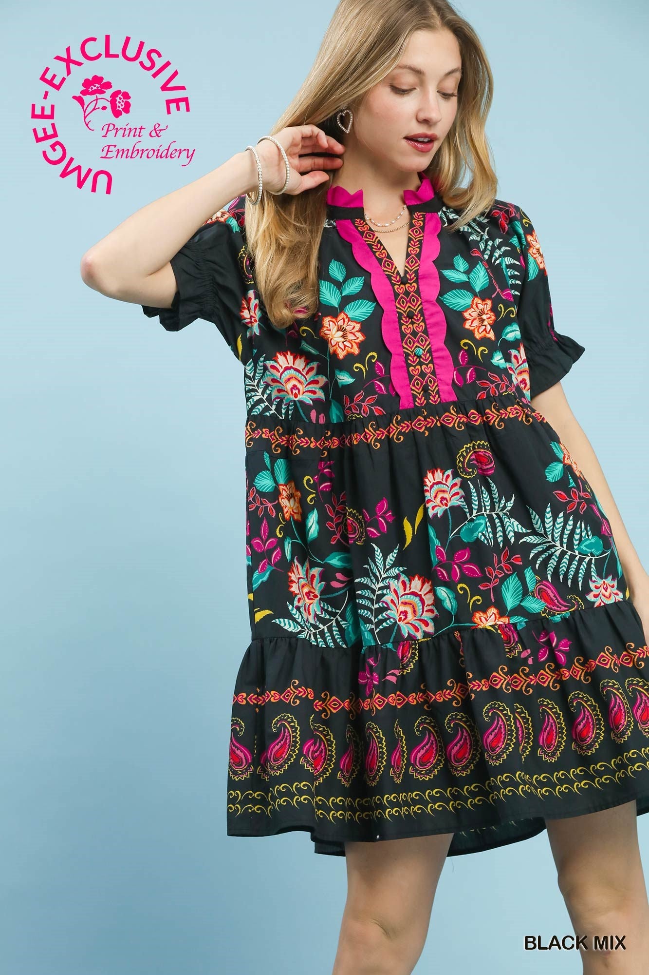 BLACK MIX PRINT MINI DRESS
