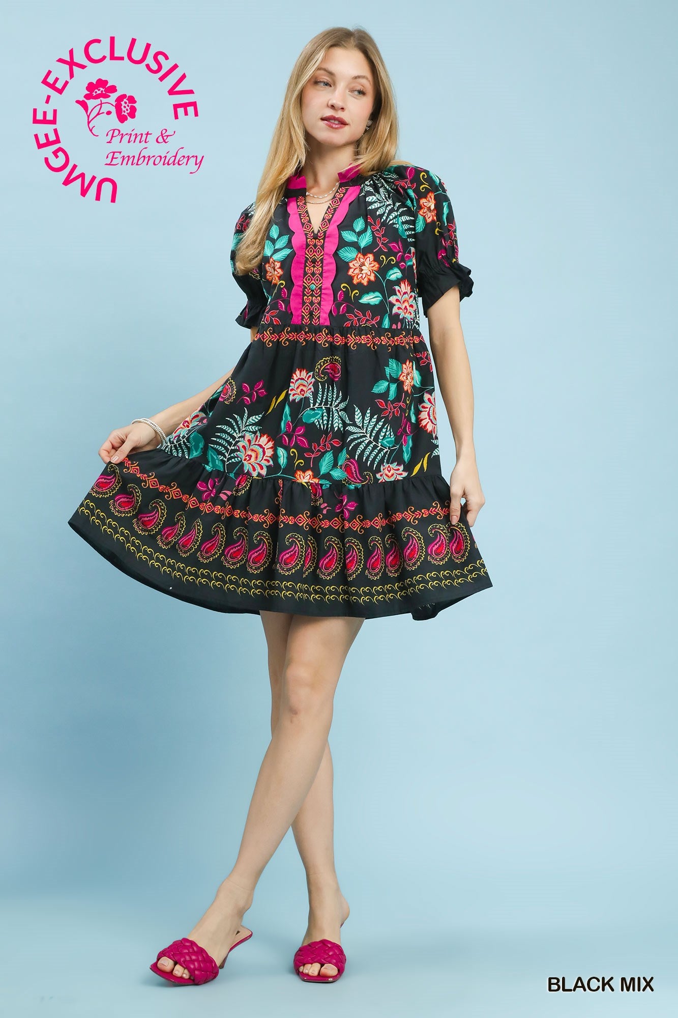 BLACK MIX PRINT MINI DRESS