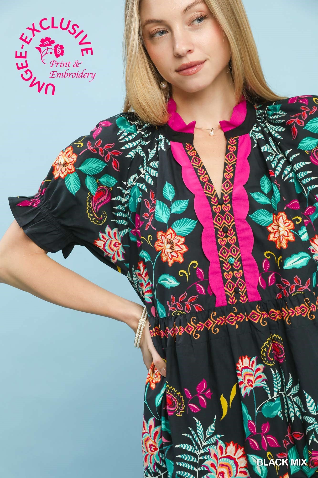 BLACK MIX PRINT MINI DRESS
