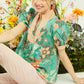 ABSTRACT V-NECK GREEN MIX TOP